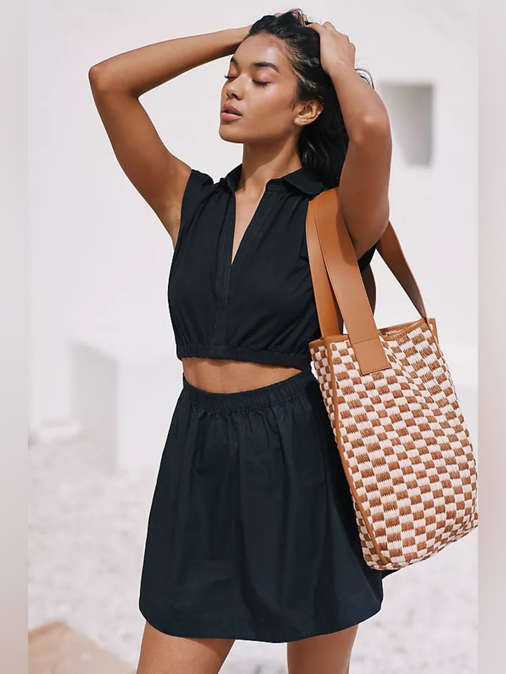 Woven Check Tote Bag in Tan & Cream